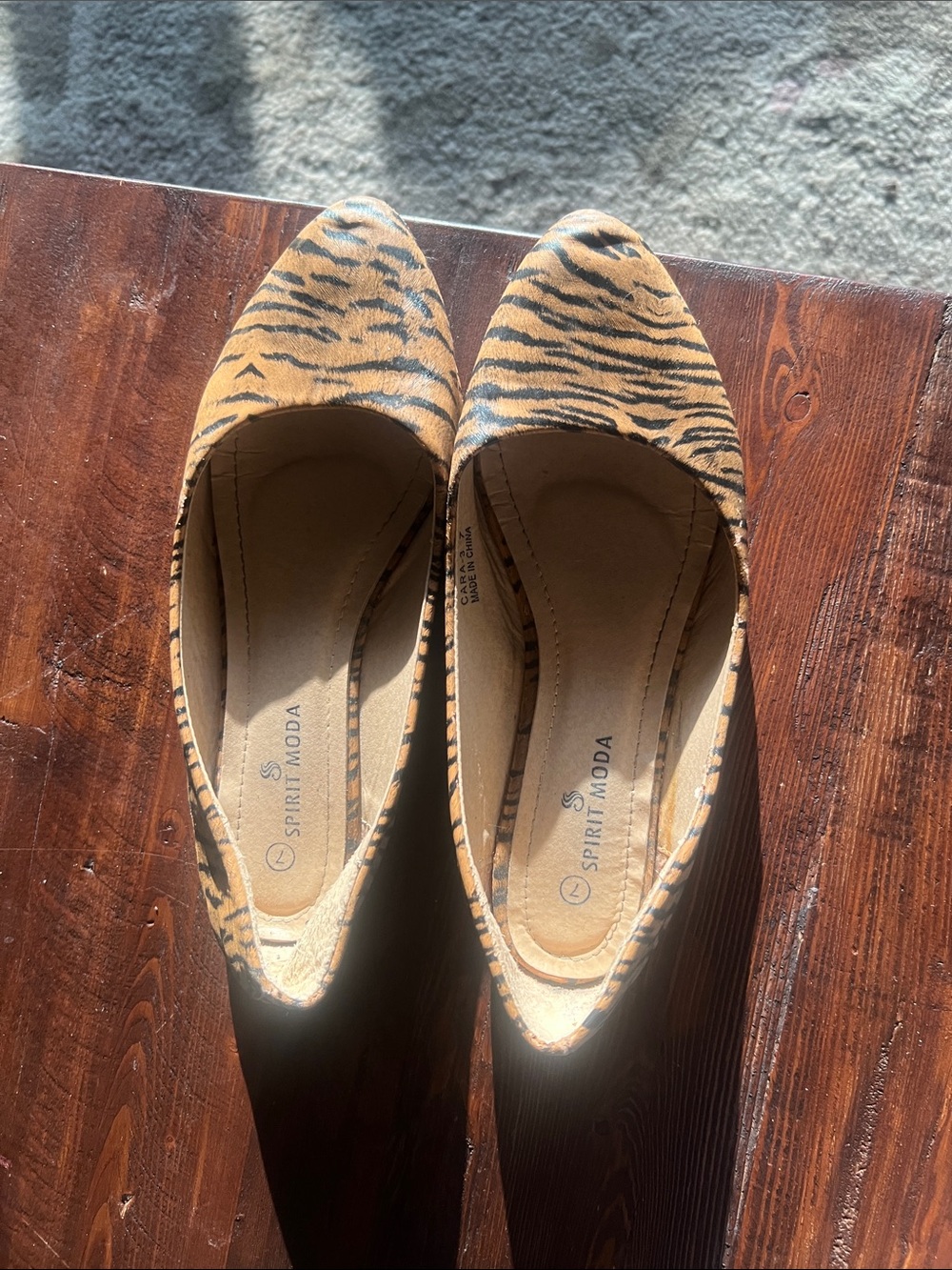 Spirit Moda Tiger-Print Pointed Flats in Tan and Black